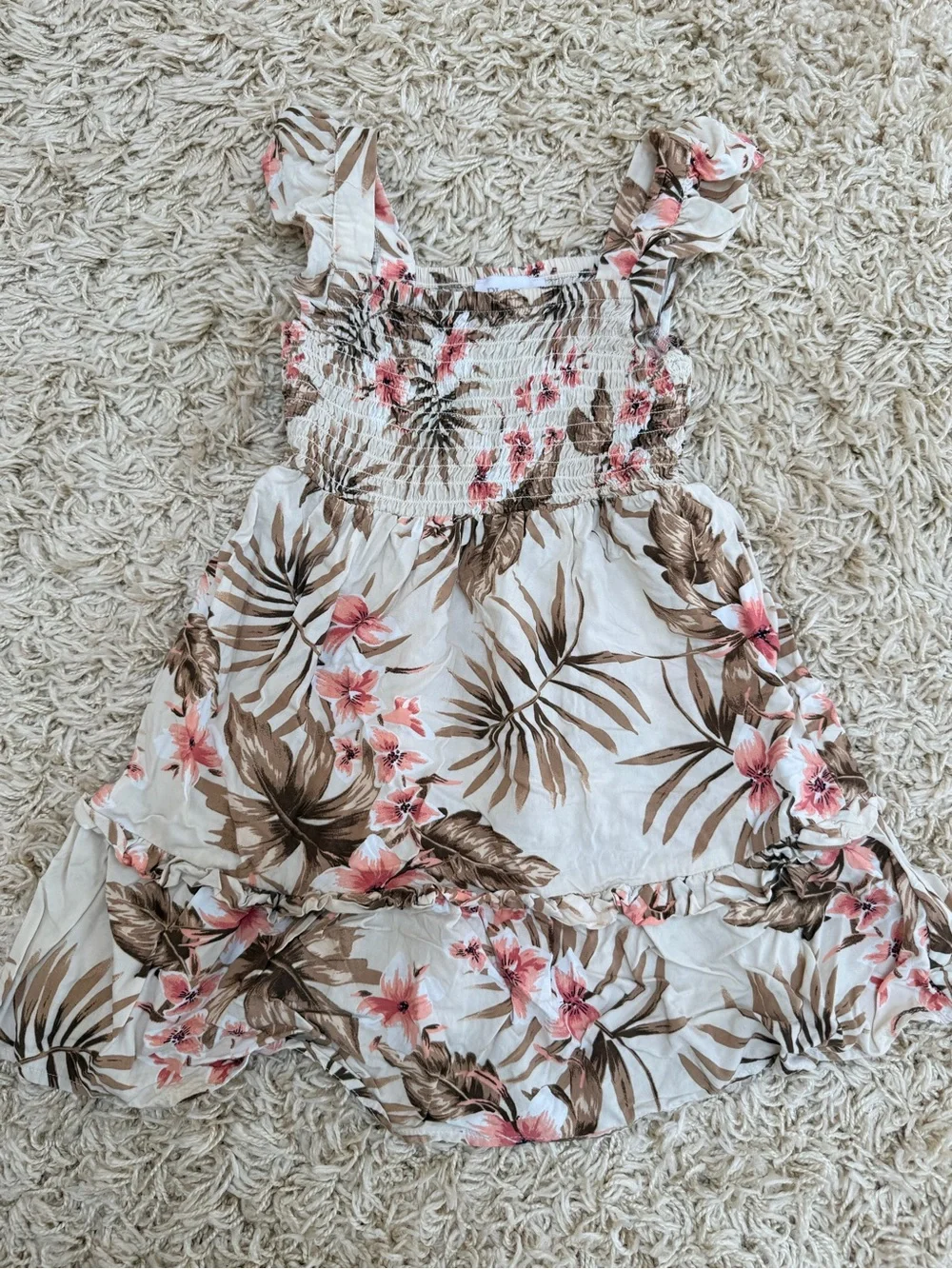 The Children's Place Cream Sundress Pink Floral Brown Leaf Print Excellent cond